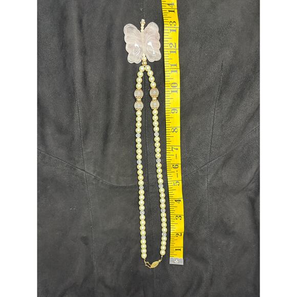Vintage Rose Quartz Butterfly And Ivory Pearls Necklace - Picture 5 of 5